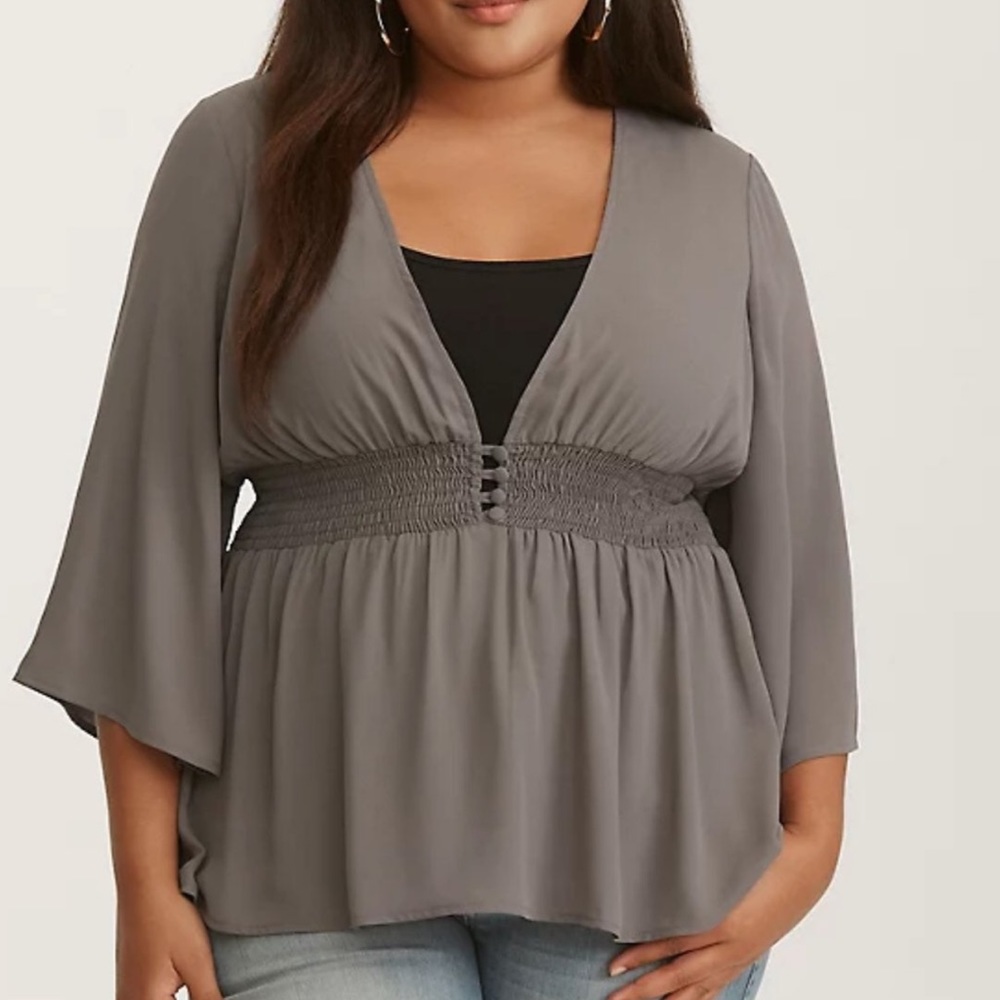 Torrid Grey Button Front Smocked Blouse